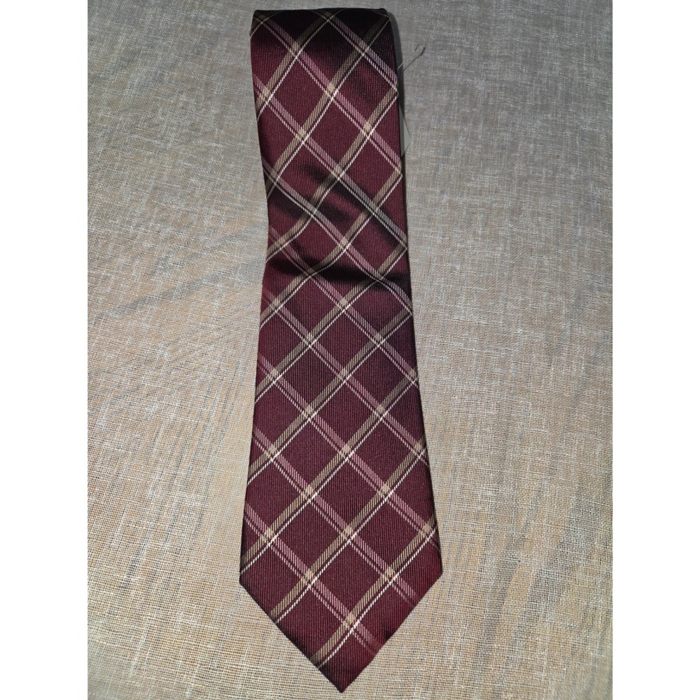 Chaps Mens Burgundy Plaid Silk Necktie Red Gold White Geometric Handmade Tie